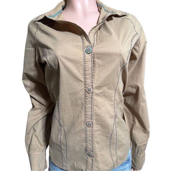 Pulp long sleeve raglan hazelnut button-down with textured on edge shirt M - Picture 4 of 6